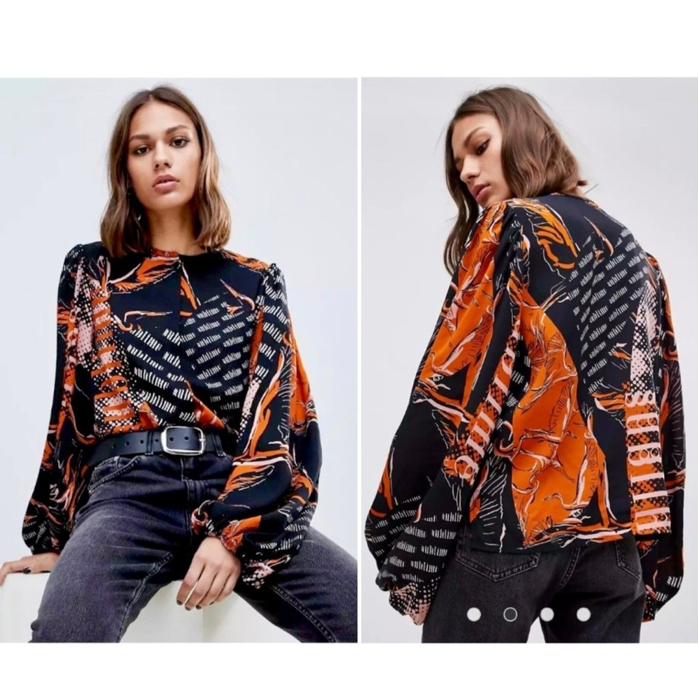 Weekday Sublime Bowe Blouse Small Abstract Print Billowing Sleeve Flowy Colorful